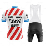 The back view features the KAS Skil Sem Retro Cycling Jersey Set with red and white striped retro jersey, accented in blue and adorned with KAS and PSKIL logos. Paired with black bib shorts featuring white braces, this set offers performance breathable wear.