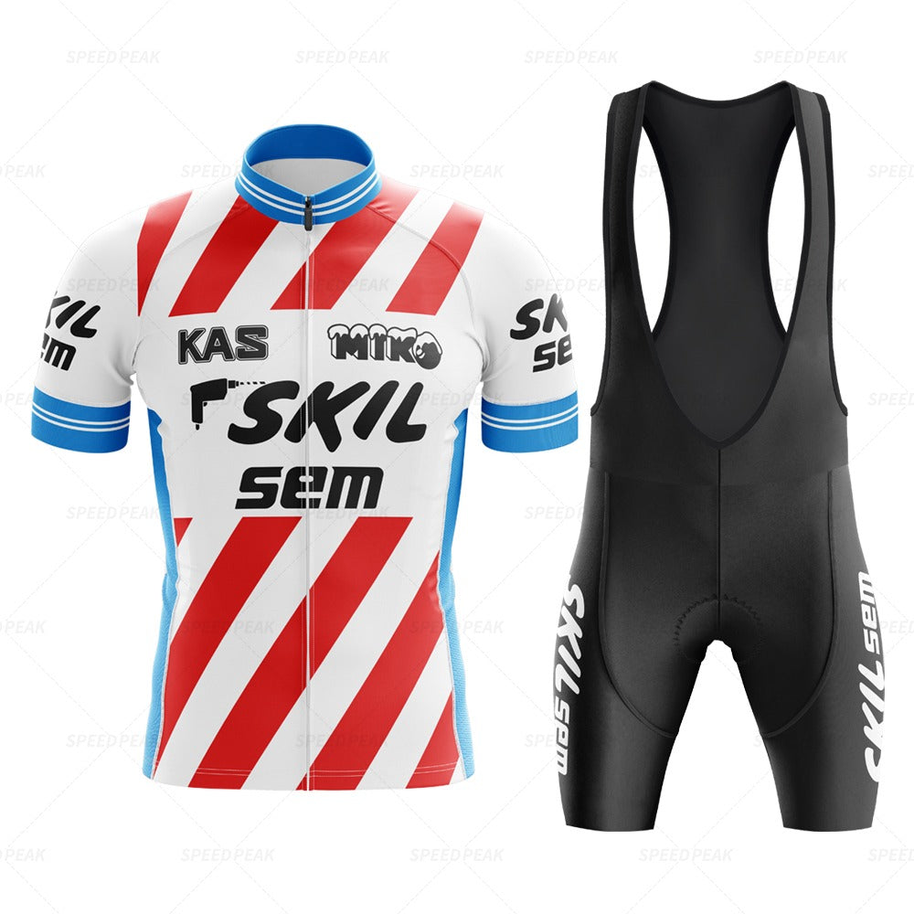 The KAS Skil Sem Retro Cycling Jersey Set features a red and white striped jersey with logos and blue sleeve accents. It includes breathable performance bib shorts that are black with sleek white branding on the side.