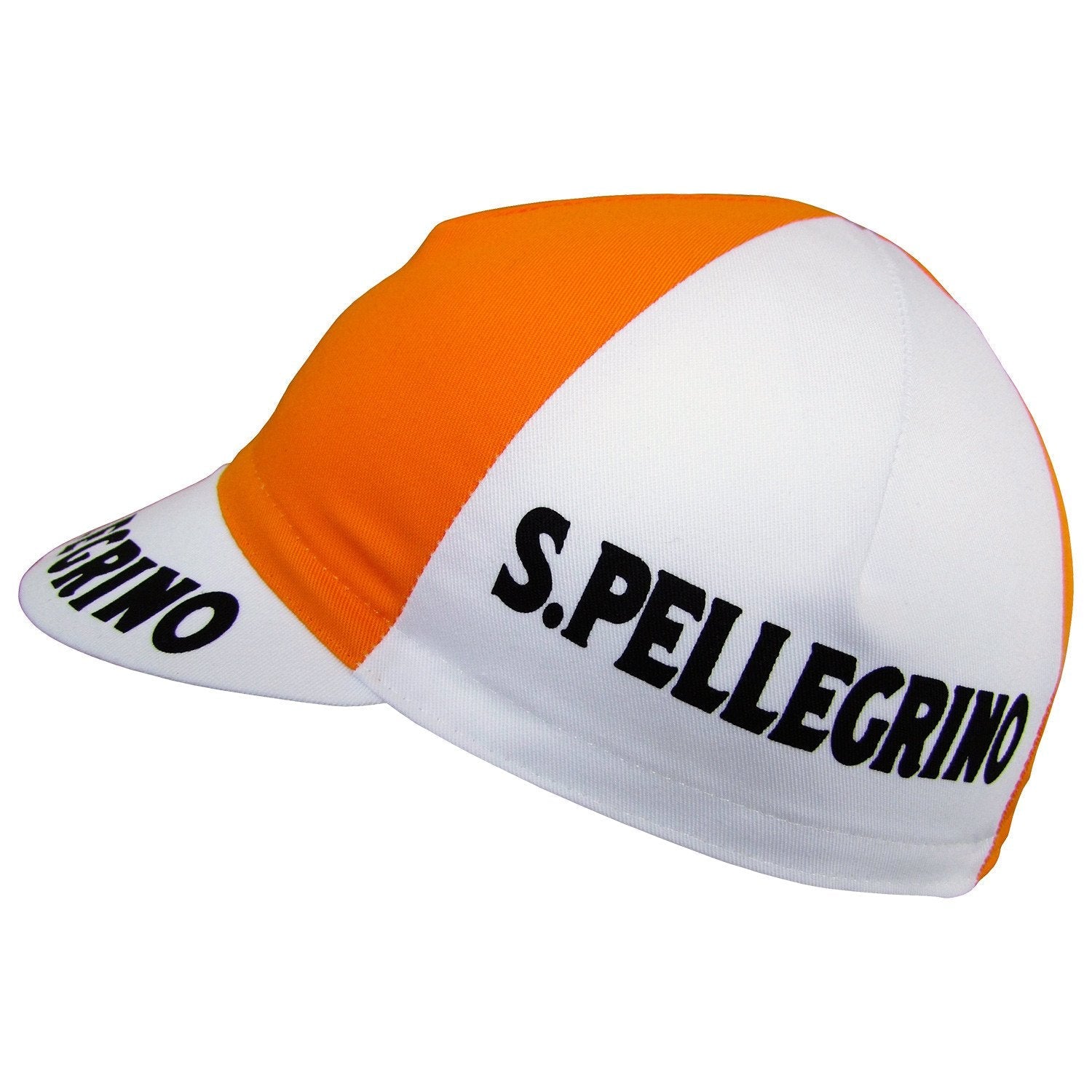 An angled view of the San Pellegrino Retro Cycling Cap displays its vintage design with alternating orange and white panels, featuring San Pellegrino in bold black letters on the crisp white brim and sections, capturing an iconic look.