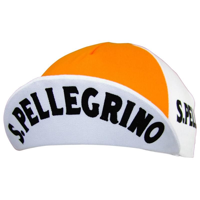 The San Pellegrino Retro Cycling Cap features an orange top and a white brim with bold black S. PELLEGRINO text, capturing the essence of vintage cycling style.