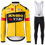 This Jumbo Visma Pro Team Long Set (With Fleece Option) mirrors the iconic team look. The yellow and black jersey features logos, long sleeves, and a front zipper, while the stylish black bib tights include yellow text down the side for a professional touch.