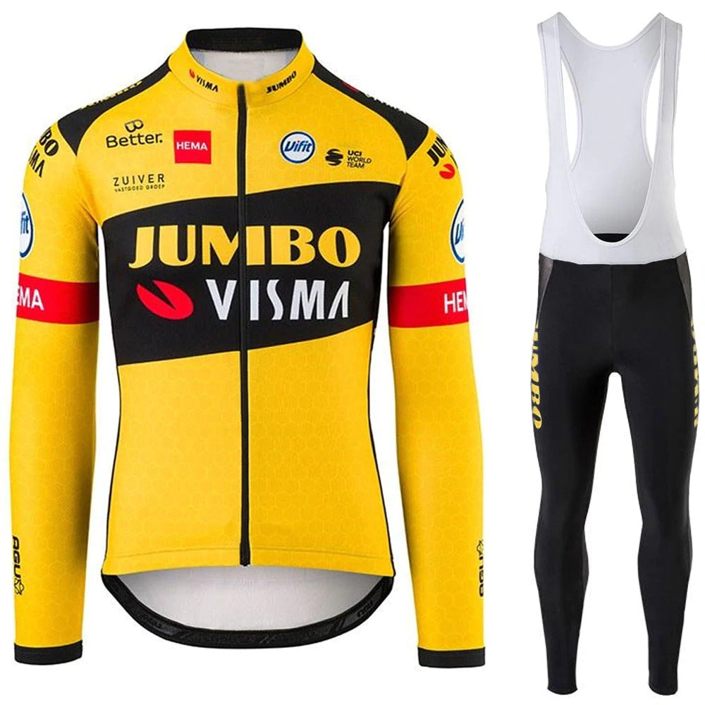 This Jumbo Visma Pro Team Long Set (With Fleece Option) mirrors the iconic team look. The yellow and black jersey features logos, long sleeves, and a front zipper, while the stylish black bib tights include yellow text down the side for a professional touch.