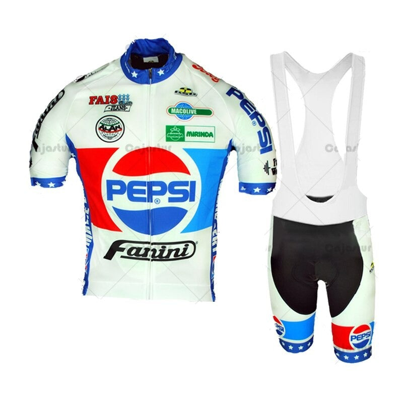The Pepsi Fanini Retro Cycling Jersey Set includes a white, red, and blue jersey with Pepsi and Fanini logos, crafted from lightweight polyester. It pairs perfectly with matching black bib shorts accented in blue and white.