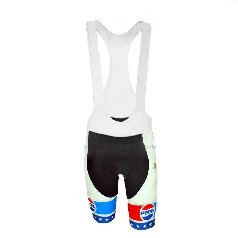 The Pepsi Fanini Retro Cycling Jersey Set features bib shorts with a white upper and black lower, adorned with retro Pepsi logos in blue/red and stars on the thighs. Made from lightweight polyester, these shorts combine style and comfort for any ride.