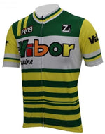 The G.S. Vibor Cucine Retro Cycling Jersey is made from lightweight polyester and features a green, yellow, and white striped design with bold Vibor branding on the front, chest, and sleeves. A silicone waist strip ensures a secure fit for every ride.