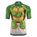 The Ninja Turtle Cycling Jersey is green and white, made of high-performance polyester, and features a cartoon turtle design on the front with abstract patterns and orange splashes.
