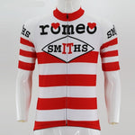 The Romeo Smiths 1967 Retro Cycling Jersey showcases red and white horizontal stripes, features Romeo SMITHS with hearts above the os on the front, and elegantly scripts SMITHS in black on the shoulders.