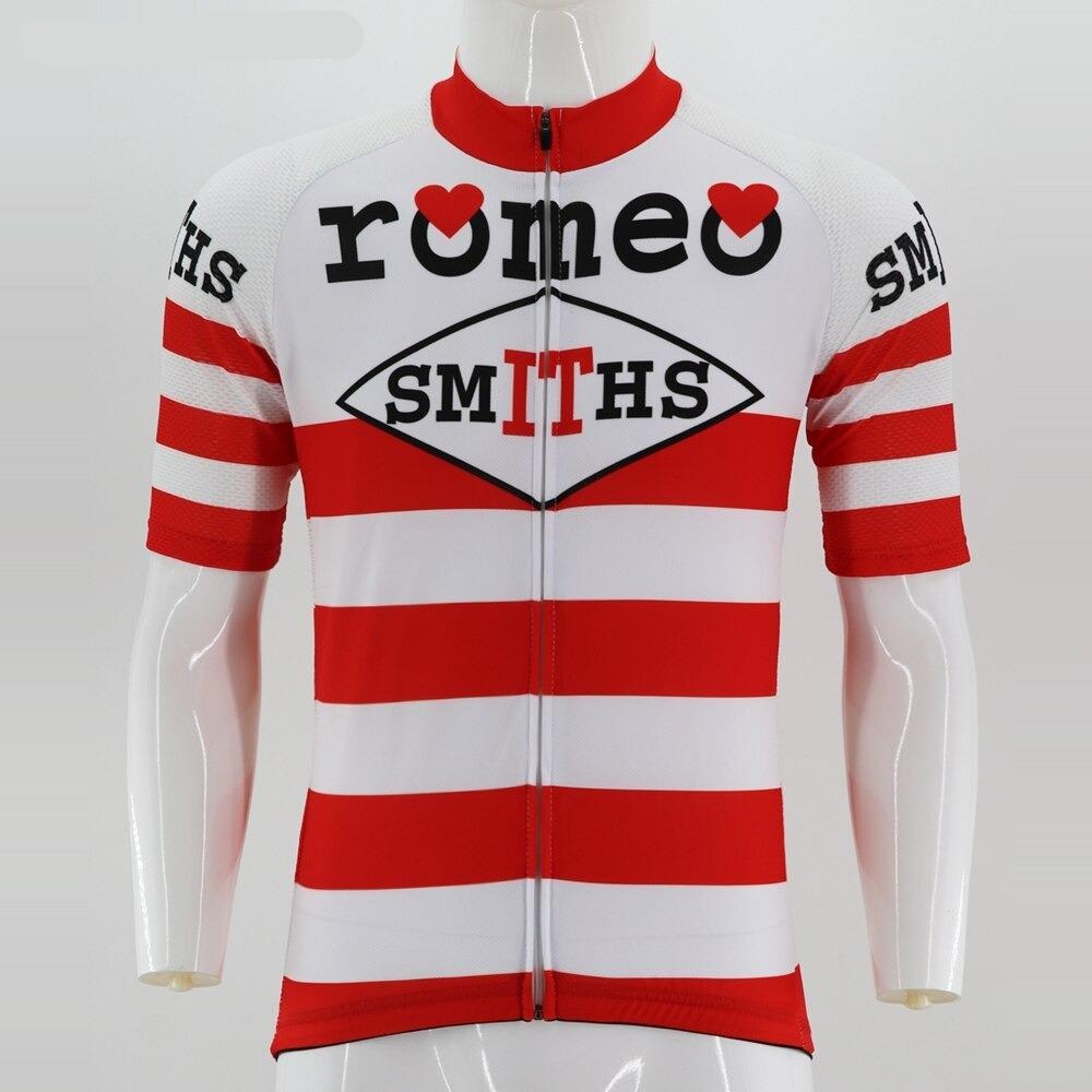 The Romeo Smiths 1967 Retro Cycling Jersey showcases red and white horizontal stripes, features Romeo SMITHS with hearts above the os on the front, and elegantly scripts SMITHS in black on the shoulders.