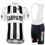 The G. S. Carpano Retro Cycling Jersey Set includes a black and white striped jersey with CARPANO and the Italian flag crest, made from lightweight polyester, and matching black bib shorts featuring the same text and crest on the side.