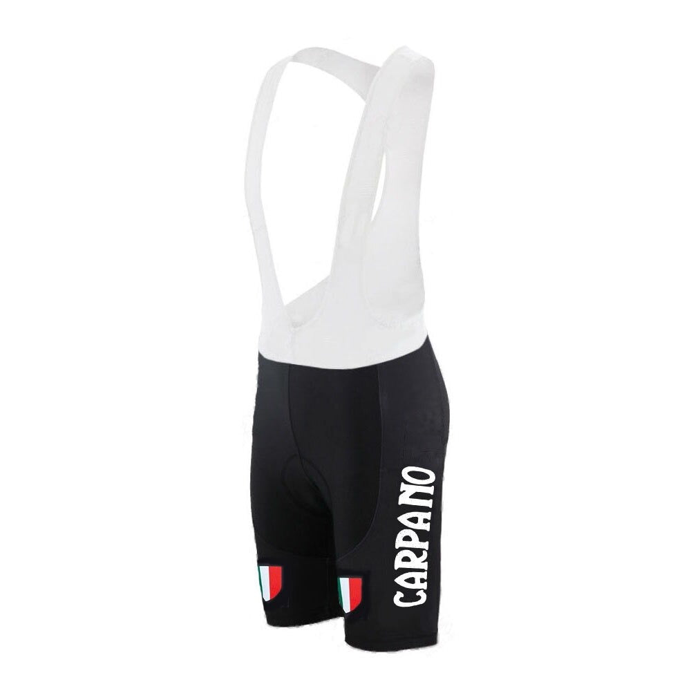 The G. S. Carpano Retro Cycling Jersey Set includes cycling bib shorts crafted from lightweight polyester, featuring white straps and a classic black lower section. CARPANO is displayed on the thigh in white, with Italian flag patches on the cuffs, offering a vintage cycling look inspired by G. S. Carpanos style.