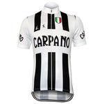 The G. S. Carpano Retro Cycling Jersey Set features a retro design with black and white vertical stripes, CARPANO text, Italian flag colors on the chest, short sleeves, a full-length front zipper, and lightweight polyester for comfort.