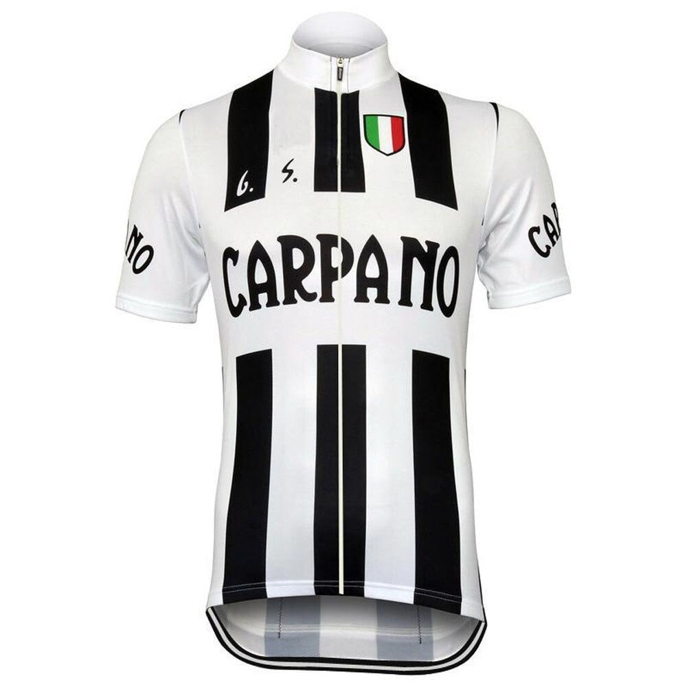 The G. S. Carpano Retro Cycling Jersey Set features a retro design with black and white vertical stripes, CARPANO text, Italian flag colors on the chest, short sleeves, a full-length front zipper, and lightweight polyester for comfort.