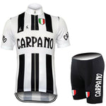 Show off the G. S. Carpano Retro Cycling Jersey Set: a vintage white and black striped jersey with Carpano text, Italian flag emblem, and made from lightweight polyester, paired with matching black shorts featuring similar detailing.
