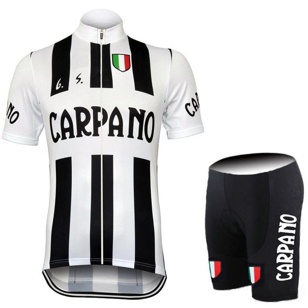 Show off the G. S. Carpano Retro Cycling Jersey Set: a vintage white and black striped jersey with Carpano text, Italian flag emblem, and made from lightweight polyester, paired with matching black shorts featuring similar detailing.
