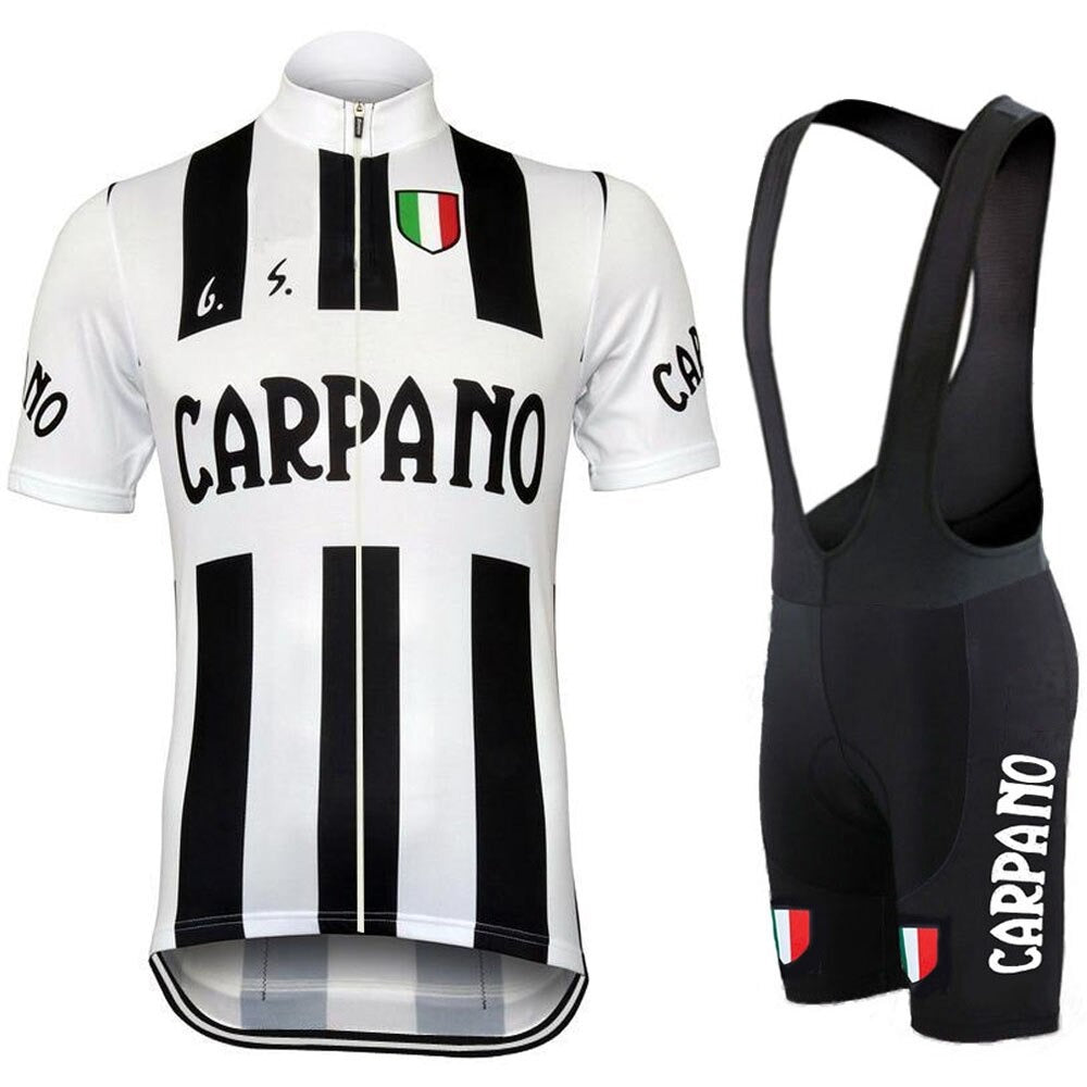 The G.S. Carpano Retro Cycling Jersey Set features a black and white jersey and bib shorts with CARPANO text. Made from lightweight polyester, it boasts vertical stripes and a G.S. Carpano shield with Italian colors on the chest, echoed near the hem of the shorts for a classic look.