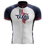 Introducing the Texas Cycling Jersey: a breathable, lightweight polyester jersey featuring bold Texas lettering, adorned with stars and stripes. It comes in primarily white with navy blue sleeves and red cuff accents, combining style and comfort for your ride.