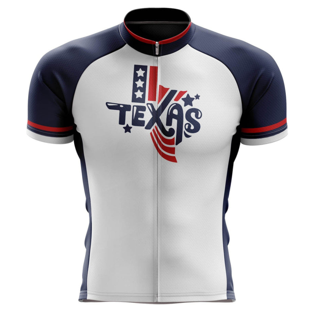 Introducing the Texas Cycling Jersey: a breathable, lightweight polyester jersey featuring bold Texas lettering, adorned with stars and stripes. It comes in primarily white with navy blue sleeves and red cuff accents, combining style and comfort for your ride.
