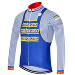 The blue and white striped Castorama Retro Cycling Jersey features yellow logos, a red collar, and zip fastening. Choose the long-sleeved fleece-lined version to stay warm on chilly rides.