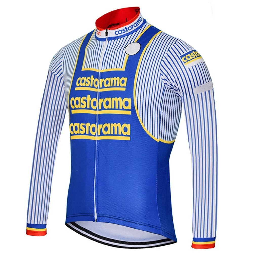 The blue and white striped Castorama Retro Cycling Jersey features yellow logos, a red collar, and zip fastening. Choose the long-sleeved fleece-lined version to stay warm on chilly rides.