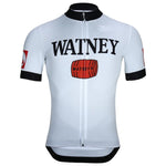 The Watney Beer Retro Cycling Jersey features Watney text and a red barrel logo on the front, made from lightweight polyester with black-cuffed short sleeves and a full-length front zipper for easy wear.