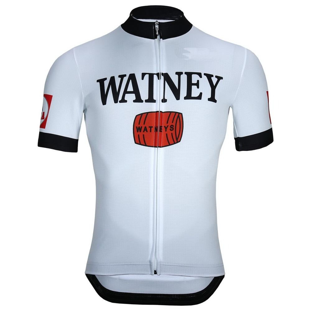 The Watney Beer Retro Cycling Jersey features Watney text and a red barrel logo on the front, made from lightweight polyester with black-cuffed short sleeves and a full-length front zipper for easy wear.