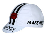 The Watney Beer Retro Cycling Cap features a classic white design with two black stripes down the center, WATNEY and MAES PILS in black lettering on the front, and a distinctive red barrel logo reminiscent of Watney Beer.