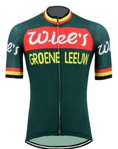 The Wiels Groene Leeuw Retro Cycling Jersey features a bold green design with the teams name on the front, red and yellow bands on the chest and sleeve edges, evoking classic Belgian cycling heritage.