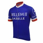 The Willem II Gazelle Retro Cycling Jersey features a lightweight polyester fabric with a blue design and front zipper, white Willem II Gazelle text, red and white band sleeves, and a circular Gazelle logo on one sleeve.