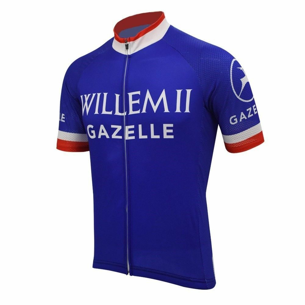 The Willem II Gazelle Retro Cycling Jersey features a lightweight polyester fabric with a blue design and front zipper, white Willem II Gazelle text, red and white band sleeves, and a circular Gazelle logo on one sleeve.