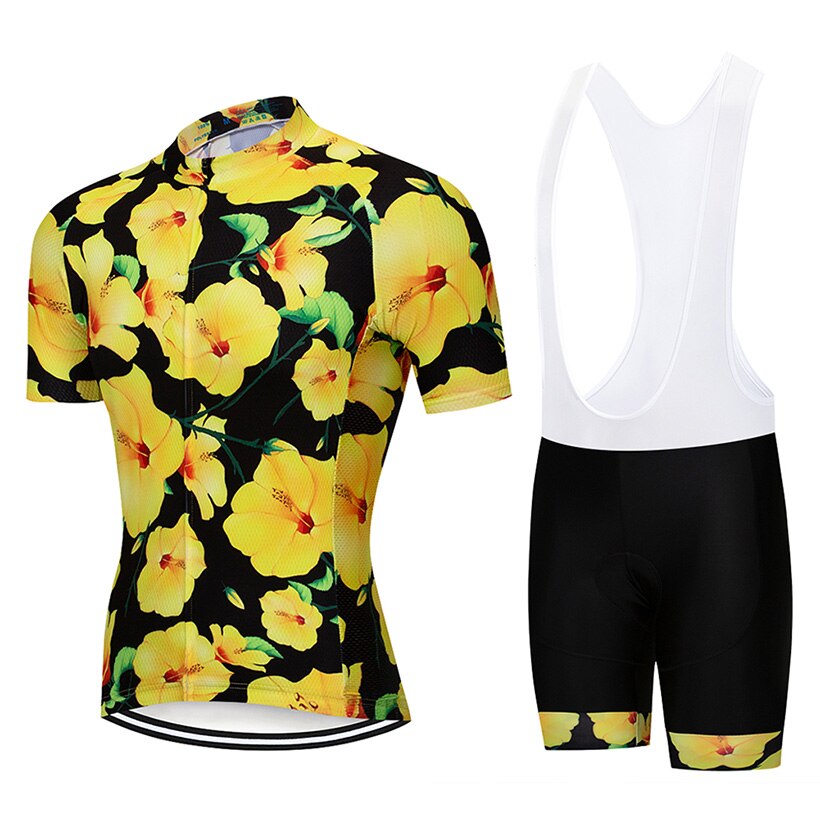 The Yellow Flower Cycling Jersey Set combines style and performance with its vibrant yellow floral pattern on black. The breathable jersey includes a front zipper, and the black bib shorts feature white straps for comfort on every ride.